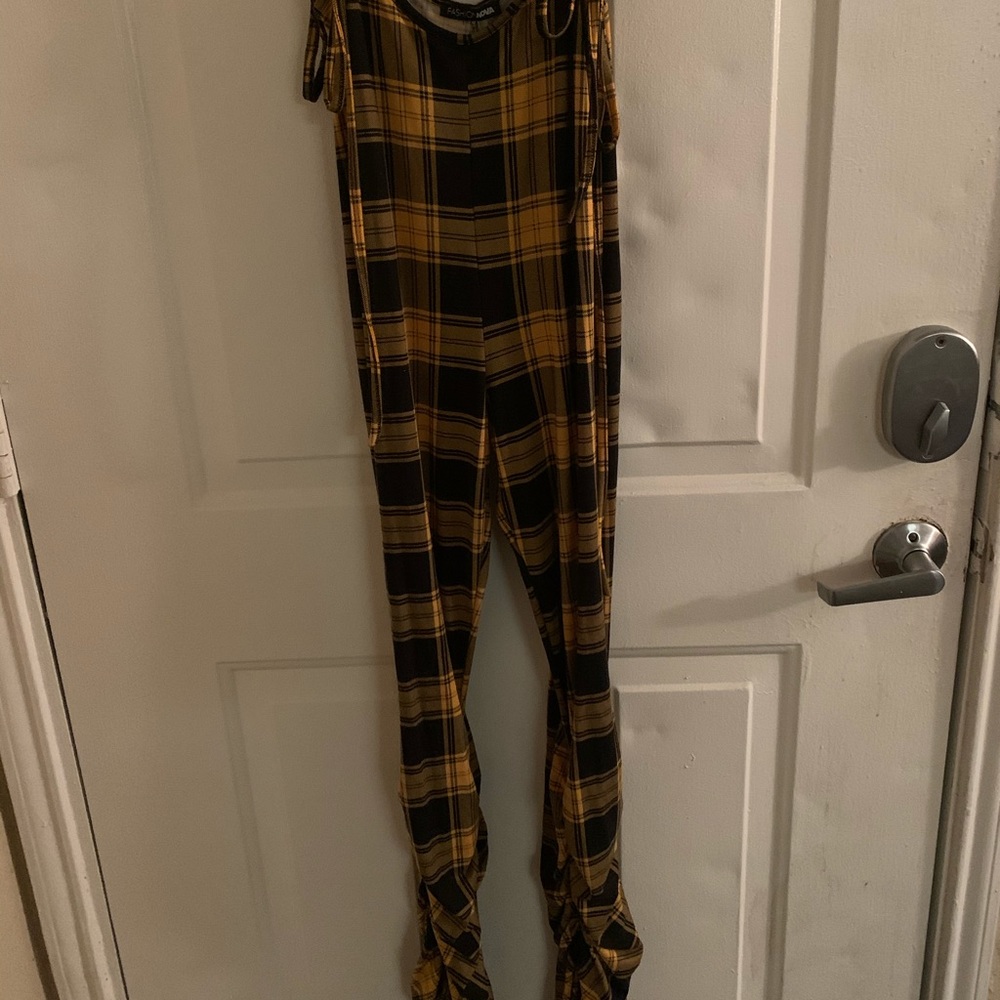 yellow and black plaid stacked jumpsuit